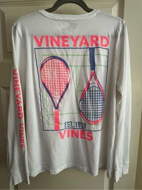 Vineyard Vines Women’s Large White Tennis Graphic Long Sleeve Pocket Tee